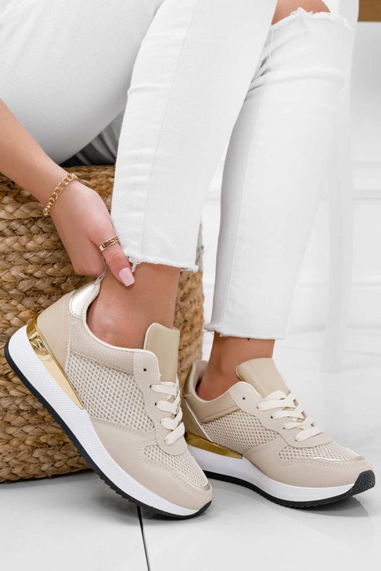 HILARY- Beige sneakers with laminated and golden details