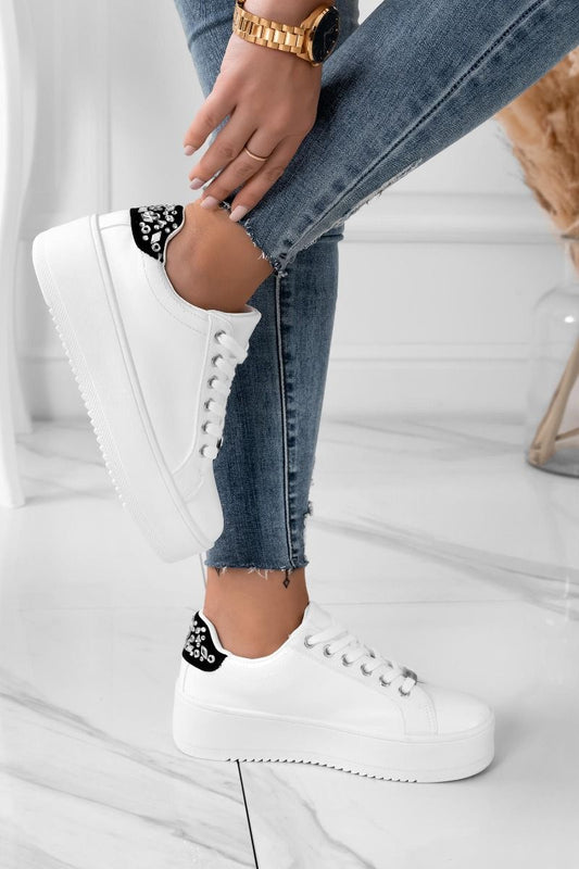 CARRY - White sneakers with silver and black details and rhinestones