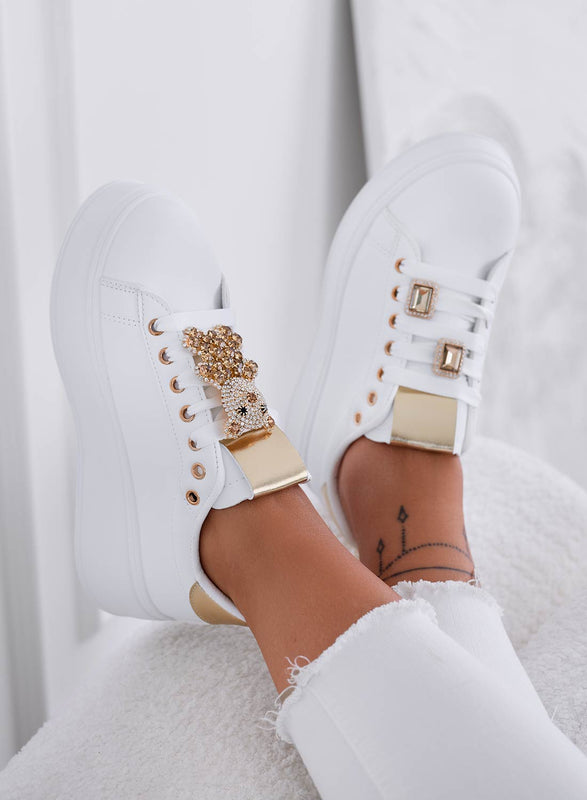 TANIA - White sneakers with gold jewel teddy