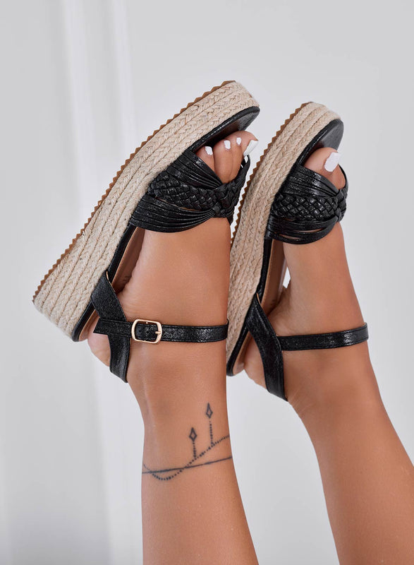 SIDNEY - Metallic black raffia wedge sandals