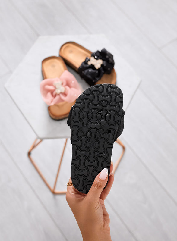 CAIRO - Sandalias negras Zapatillas niña con lazo maxi y osito joya