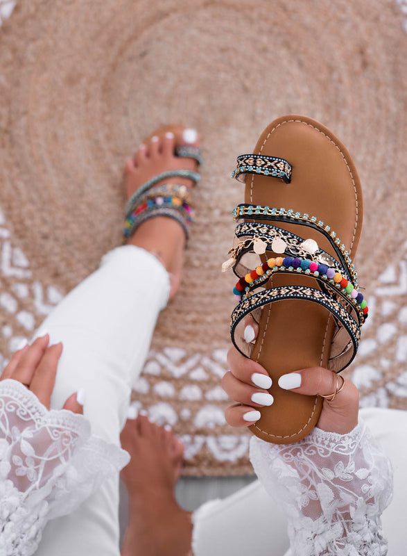 MARYLIN - Black Strap Flip Flops with Charms