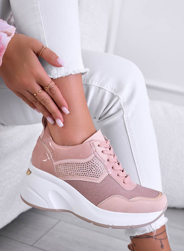 XENIA - Pink sneakers with wedge and rhinestones