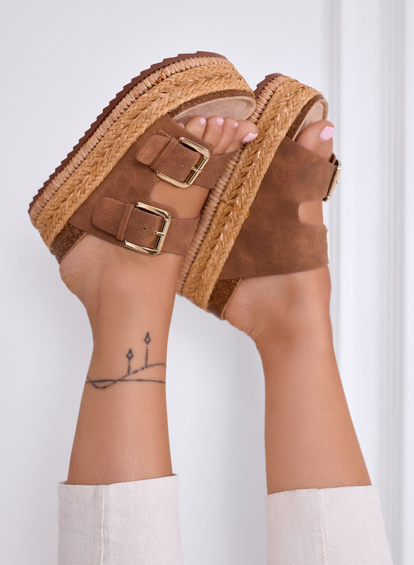 DANIEL - Brown platform sandals slippers with double buckle and rope sole