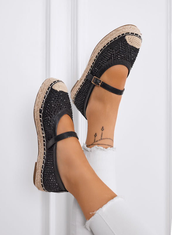 MARIKA - Black espadrilles with rhinestones and ankle strap on rope sole
