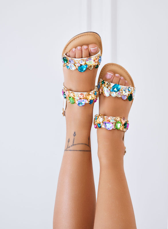 DIAMOND - White flat sandals with multicolor jeweled stones and strap