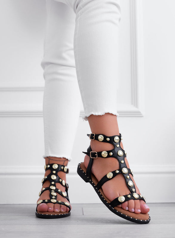 DANIELA - Black flat sandals with gold studs