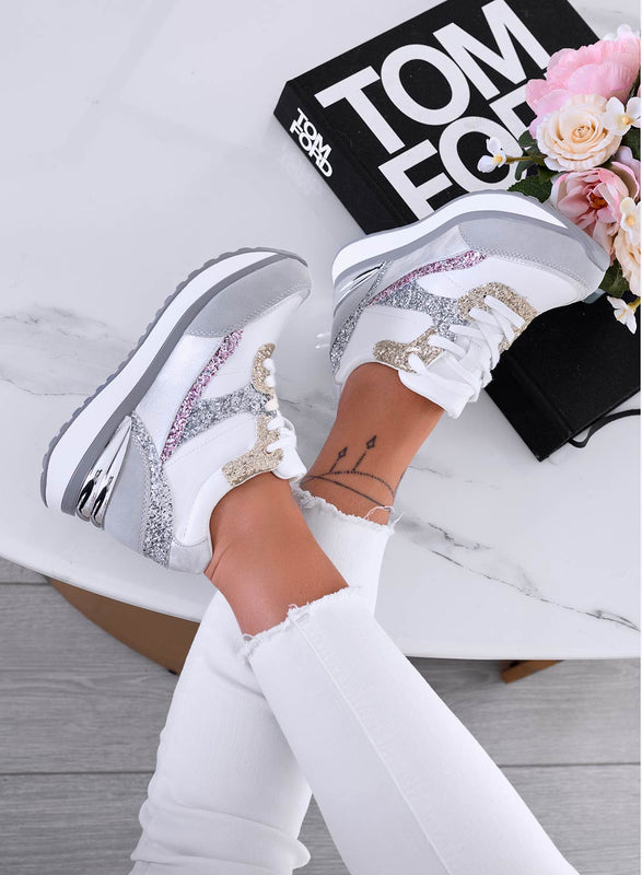 GENNY - Gray sneakers with gold and fuchsia glitter inserts