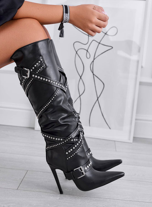 CHANDRA - Black high-heeled stiletto boots with rhinestones