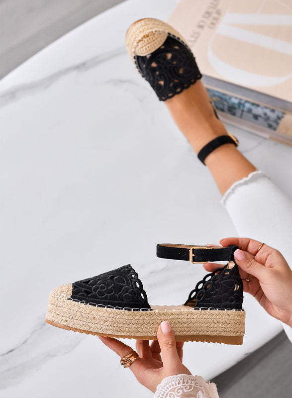 CRISTY - Black embroidered espadrilles with ankle strap and rope platform sole