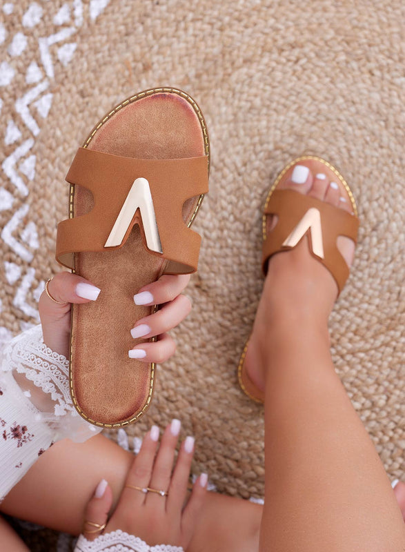 MYER - Camel slipper sandals with gold V application