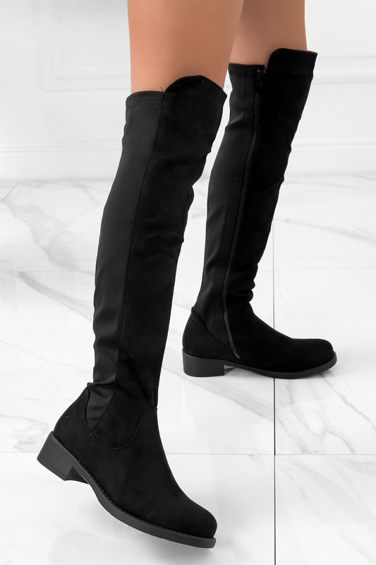 JUNA - Black suede over the knee boots with side spring