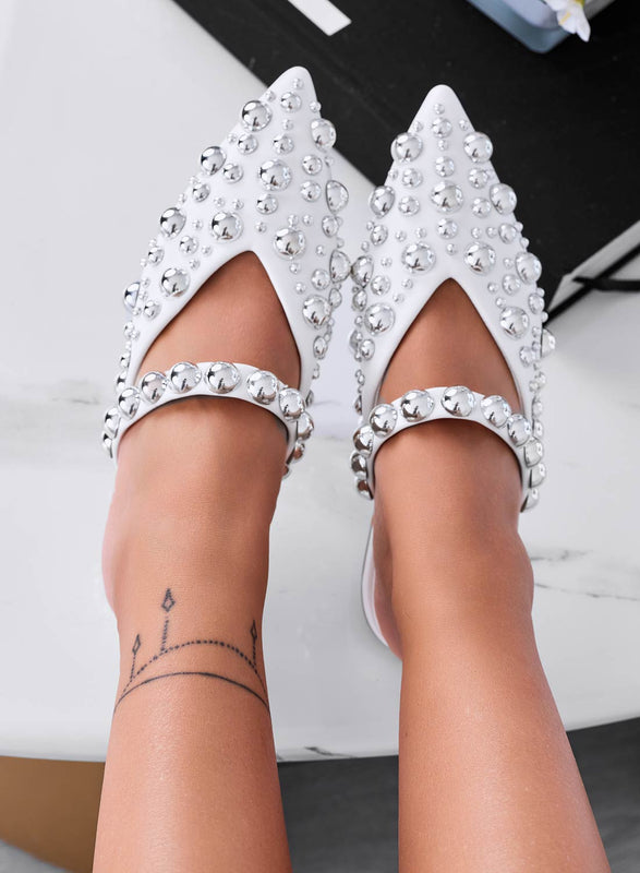 WILDA - White pointed mule ballet flats with ball studs