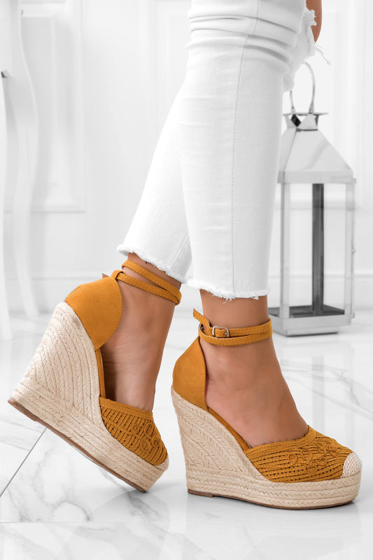 RORY - Yellow embroidered espadrilles with wedges