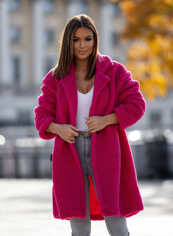 Fuchsia teddy coat with pockets and button