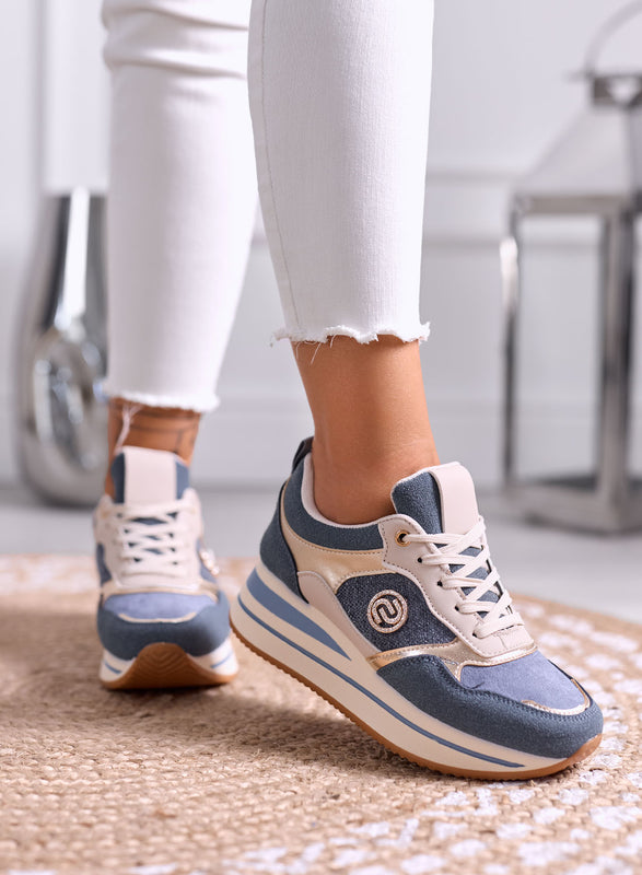 SABINA - Sneakers Azzurre Platform con Inserti oro Laminati