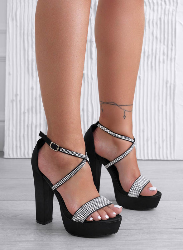 MARSY - Black jewel sandals with high heels and rhinestones