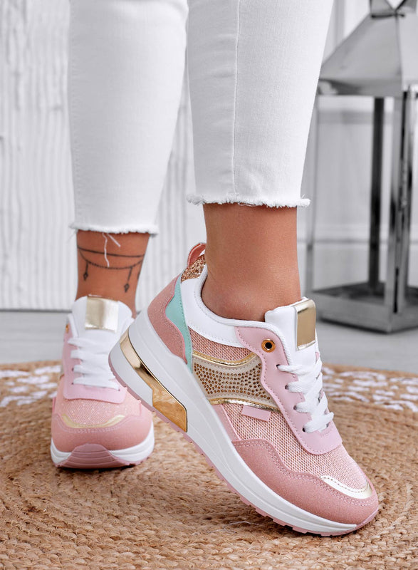 GRETA - Pink sneakers with wedge and gold inserts