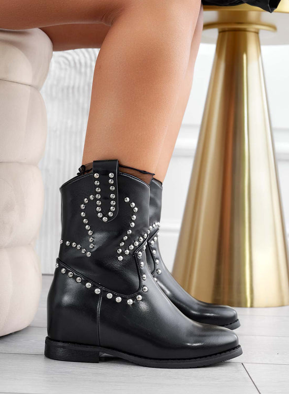 Black ankle boots with internal wedge and studs
