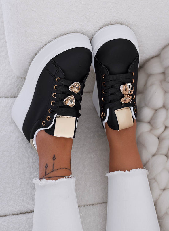 ENERGY - Black sneakers with jewel cat and gold back