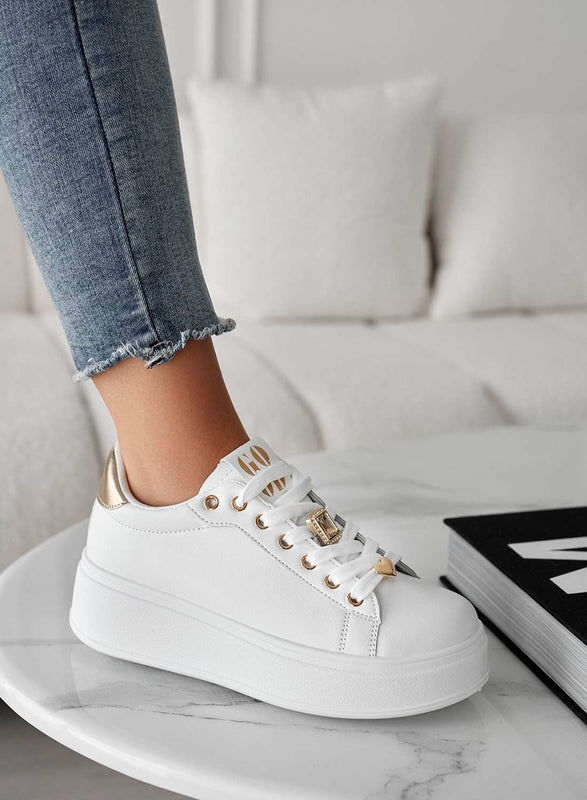 SABINA - White sneakers with jewel applications and gold back