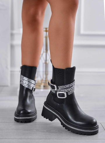 MARZIA - Black ankle boots with jeweled straps and buckles