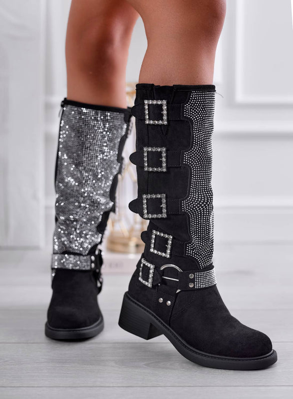 MARIELLA - Black jeweled boots with rhinestone buckles