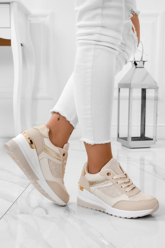 DREAMS - Beige and golden sneakers with wedge