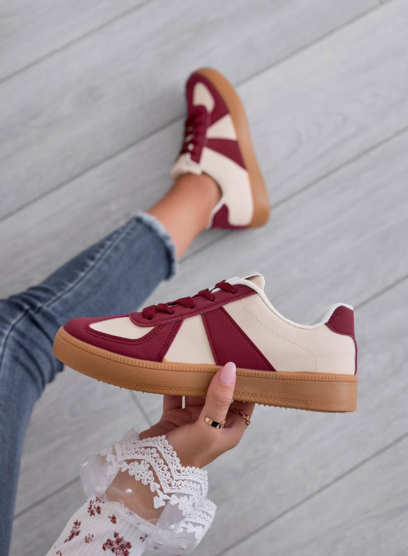NICLA - Beige sneakers with burgundy inserts and rubber sole