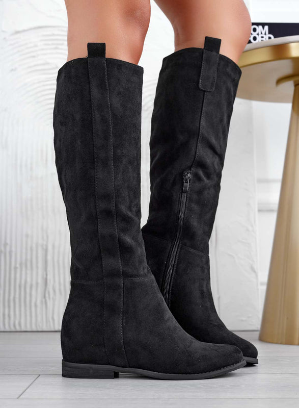 Black suede boots with internal wedge