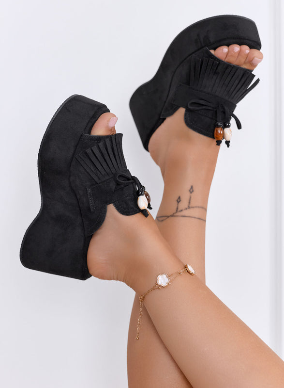 ROVE - Black wedge mules with fringe