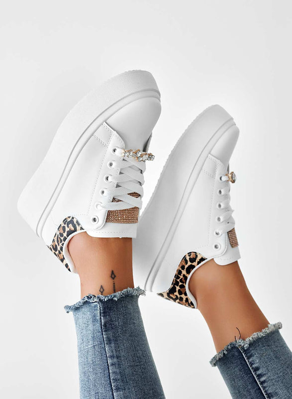 DELIA - White sneakers with jewel application and leopard print back