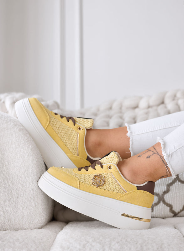CLARA - Yellow Platform Sneakers with Woven Inserts and Brown Details
