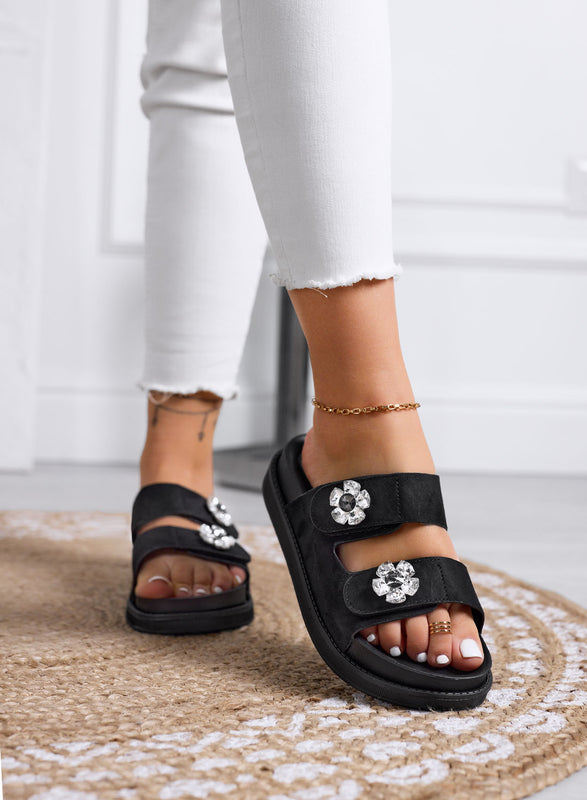 SAMMY - Black sandals Slippers with double strap and jeweled flowers