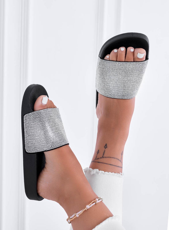 BECKY - Sandales mules noirs avec bande en strass