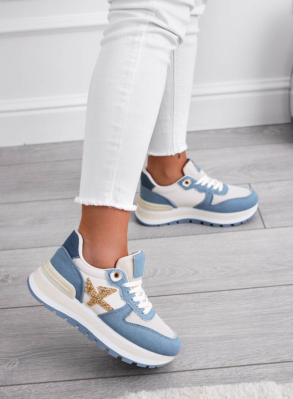 TYLER - Blue denim sneakers with gold glitter inserts