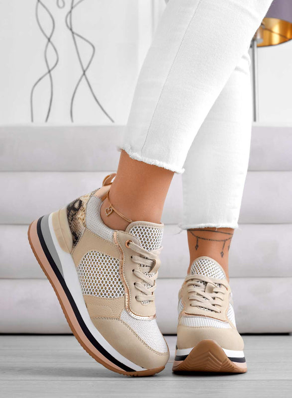 BALDWIN - Beige platform sneakers with python inserts