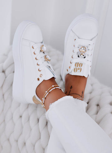 LOIRE - White sneakers with platform, rhinestones, and gold heel
