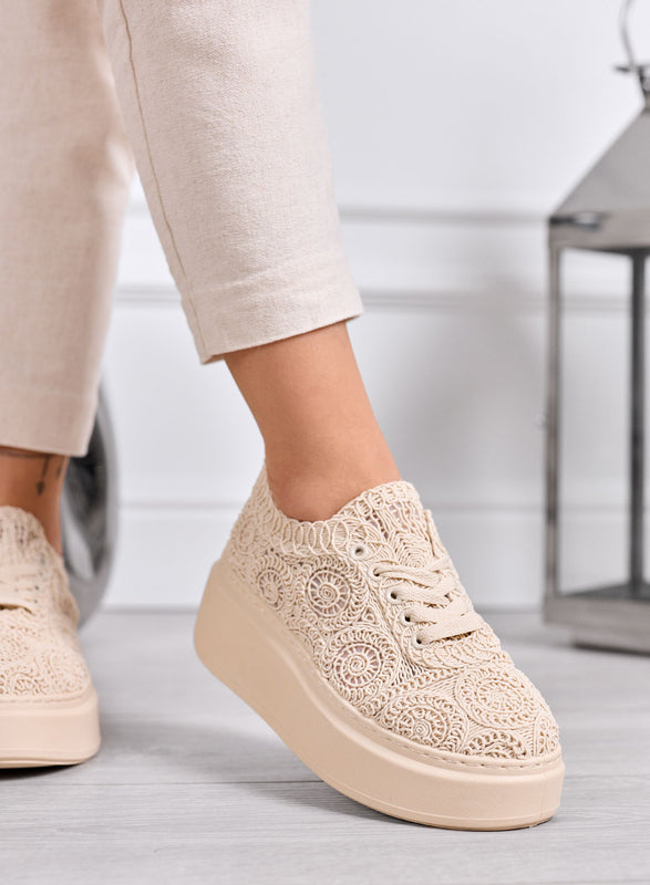 VALERIA - Beige lace platform sneakers with high sole