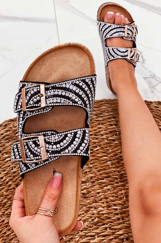 CAMILLA - Black sandals with buckles and rhinestones
