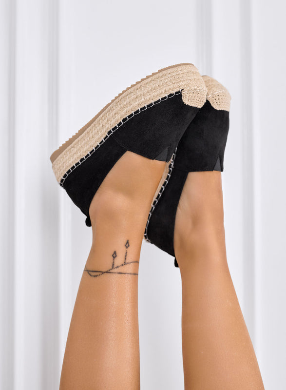 MAGDA - Black platform espadrilles with crochet toe and rope sole