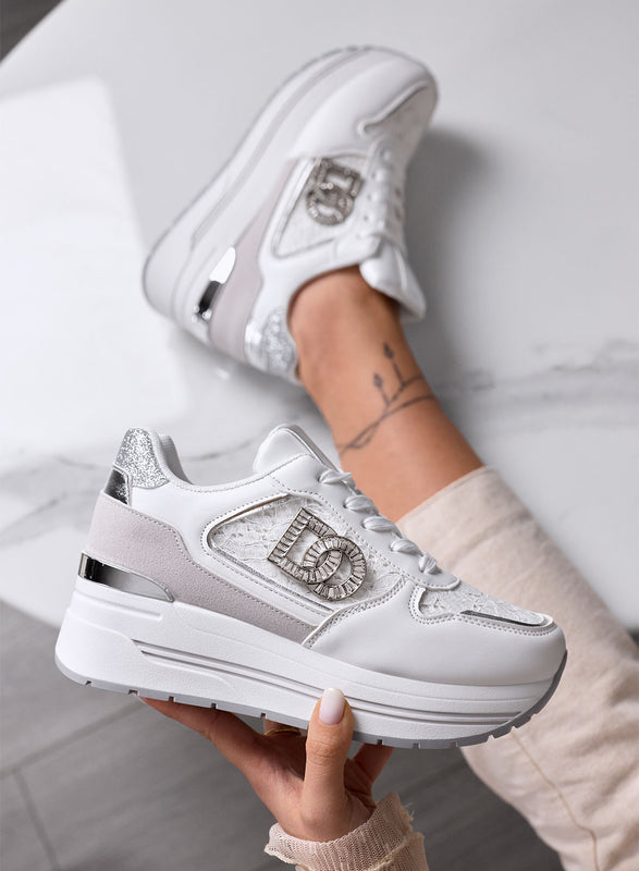 ESTER - White Platform Sneakers with Silver Details and Jewel Logo