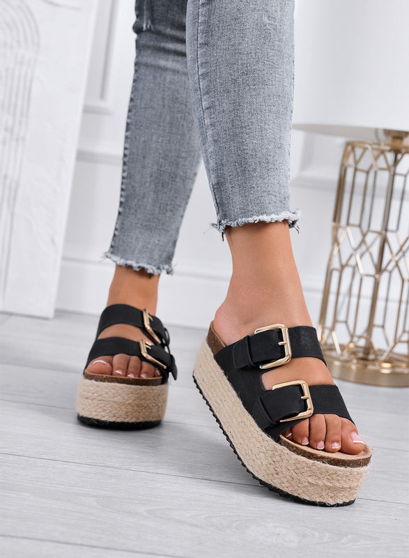 DANIEL – Black platform slide sandals with double buckle and rope sole