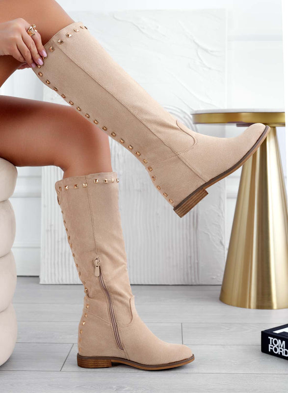 JANINE - Beige suede boots with internal wedge and studs