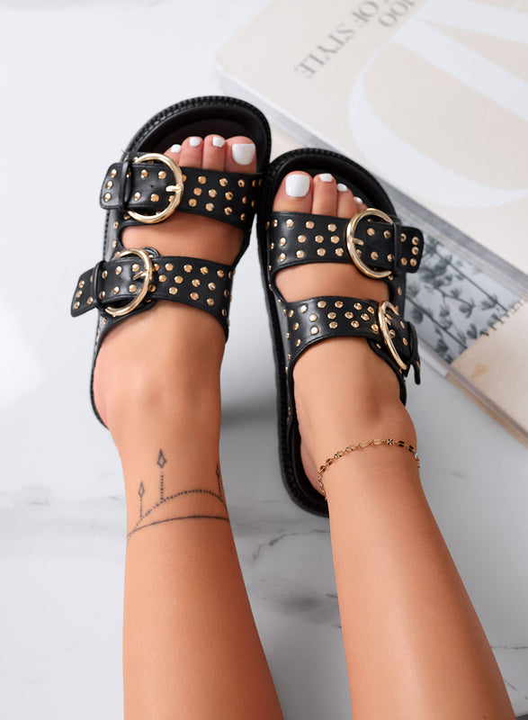 TRESY - Black Platform Sandals with Studs and Gold Buckles