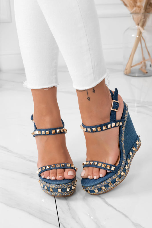 SABRINA - Denim wedge sandals with silver studs