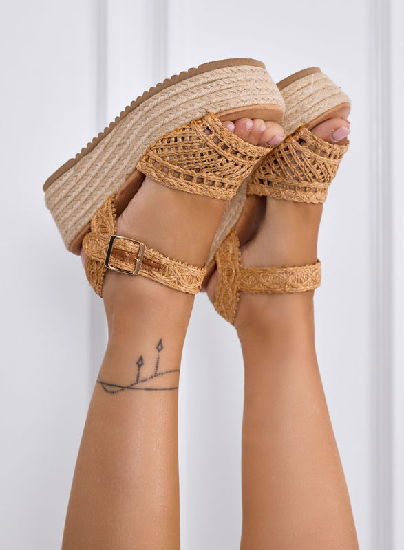 MARSILIA - Taupe woven platform sandals with rope wedge