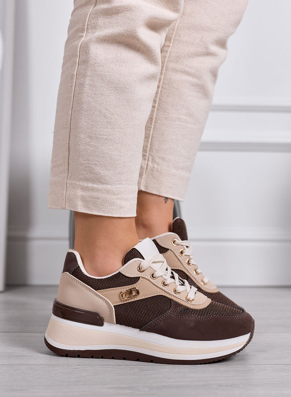TULLIA - Brown Sneakers with Beige Inserts and Comfortable Wedge