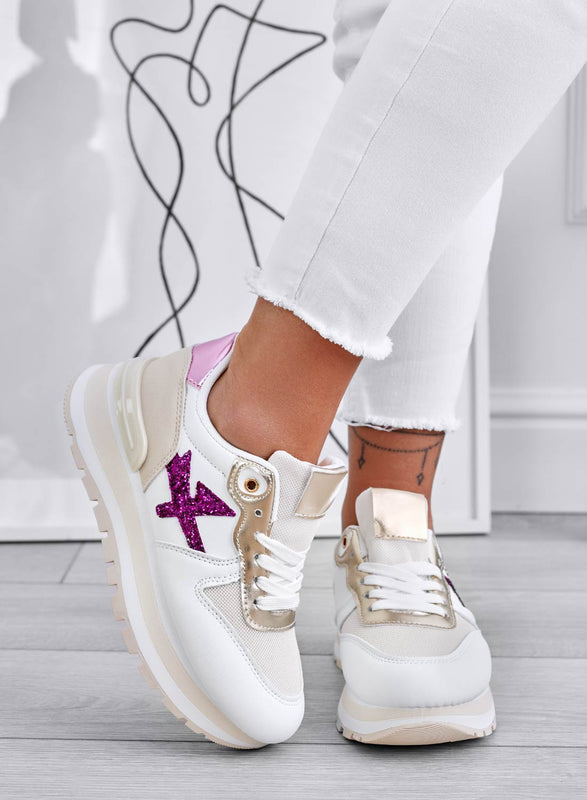 TYLER - White sneakers with fuchsia glitter inserts