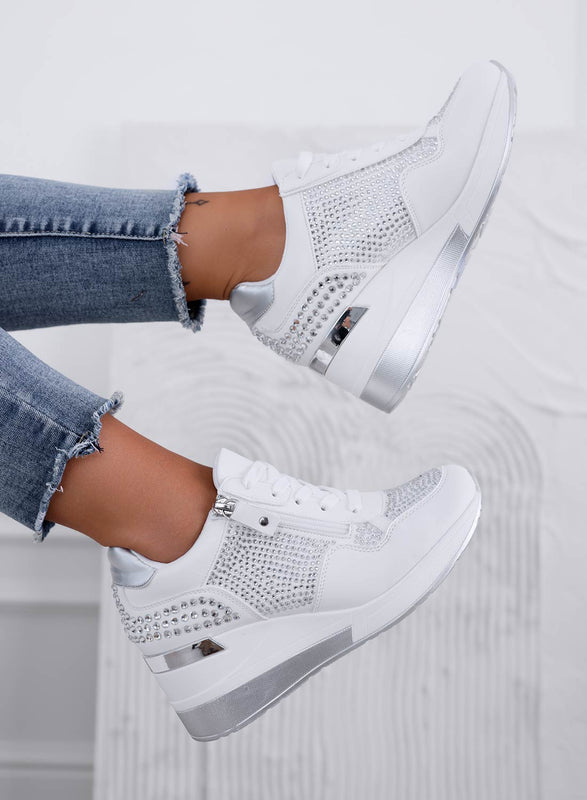 MIRROW - White jewel sneakers with rhinestones and wedge